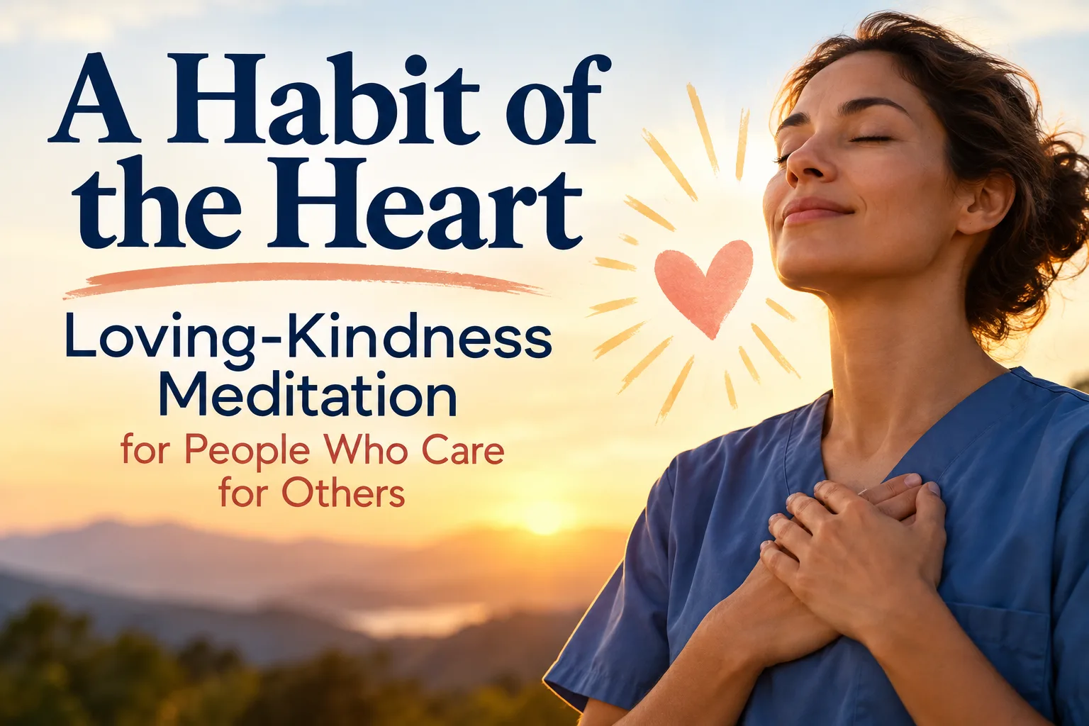 A clinician in blue scrubs stands at sunrise with eyes closed and both hands over her heart, beside a painted heart and the title A Habit of the Heart.