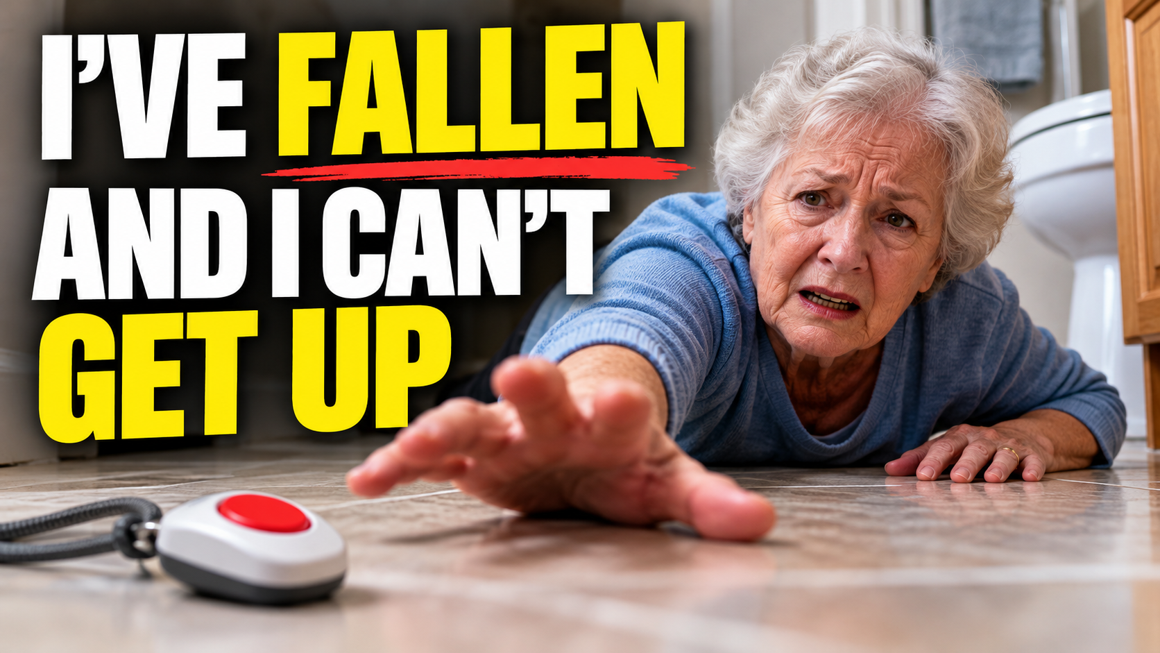 An older woman lying on a bathroom floor, reaching toward an emergency alert button just out of reach, under the words I've fallen and I can't get up