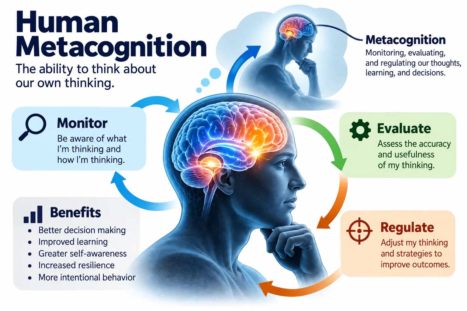 Infographic titled Human Metacognition, the ability to think about our own thinking: a glowing brain in profile circled by a Monitor, Evaluate, Regulate cycle, with a list of benefits including better decision making, improved learning, greater self-awareness, increased resilience, and more intentional behavior.