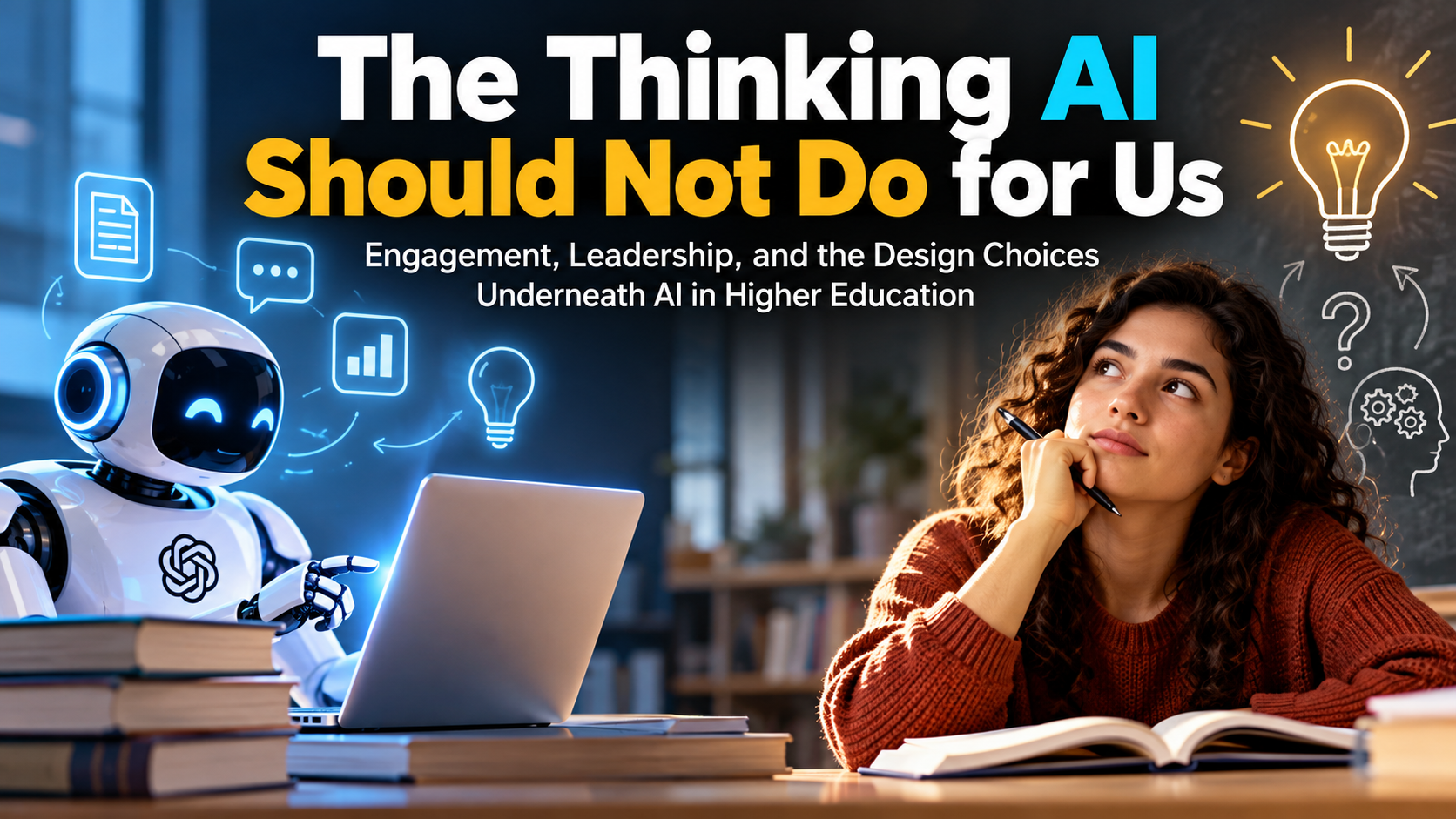 On the left, a white robot with glowing eyes types on a laptop beside a stack of books and floating document, chat, chart and lightbulb icons; on the right, a young woman with curly hair rests her chin on her hand and looks up thoughtfully over an open book, under the title The Thinking AI Should Not Do for Us: Engagement, Leadership, and the Design Choices Underneath AI in Higher Education.